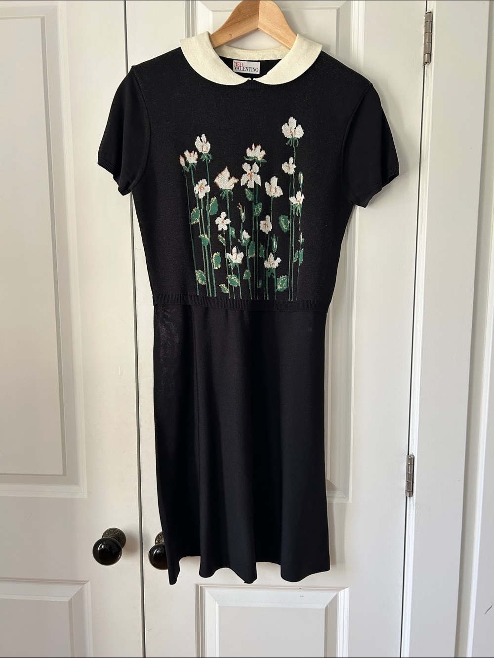 Red Valentino Black Dress with Cream Collar and White Floral Embroidery